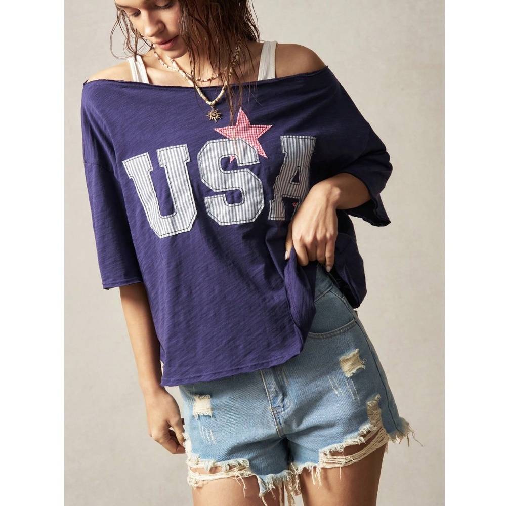 100% Cotton USA Navy Blue Oversized Boat Cut Neck Tee Shirt - Picture 8 of 8